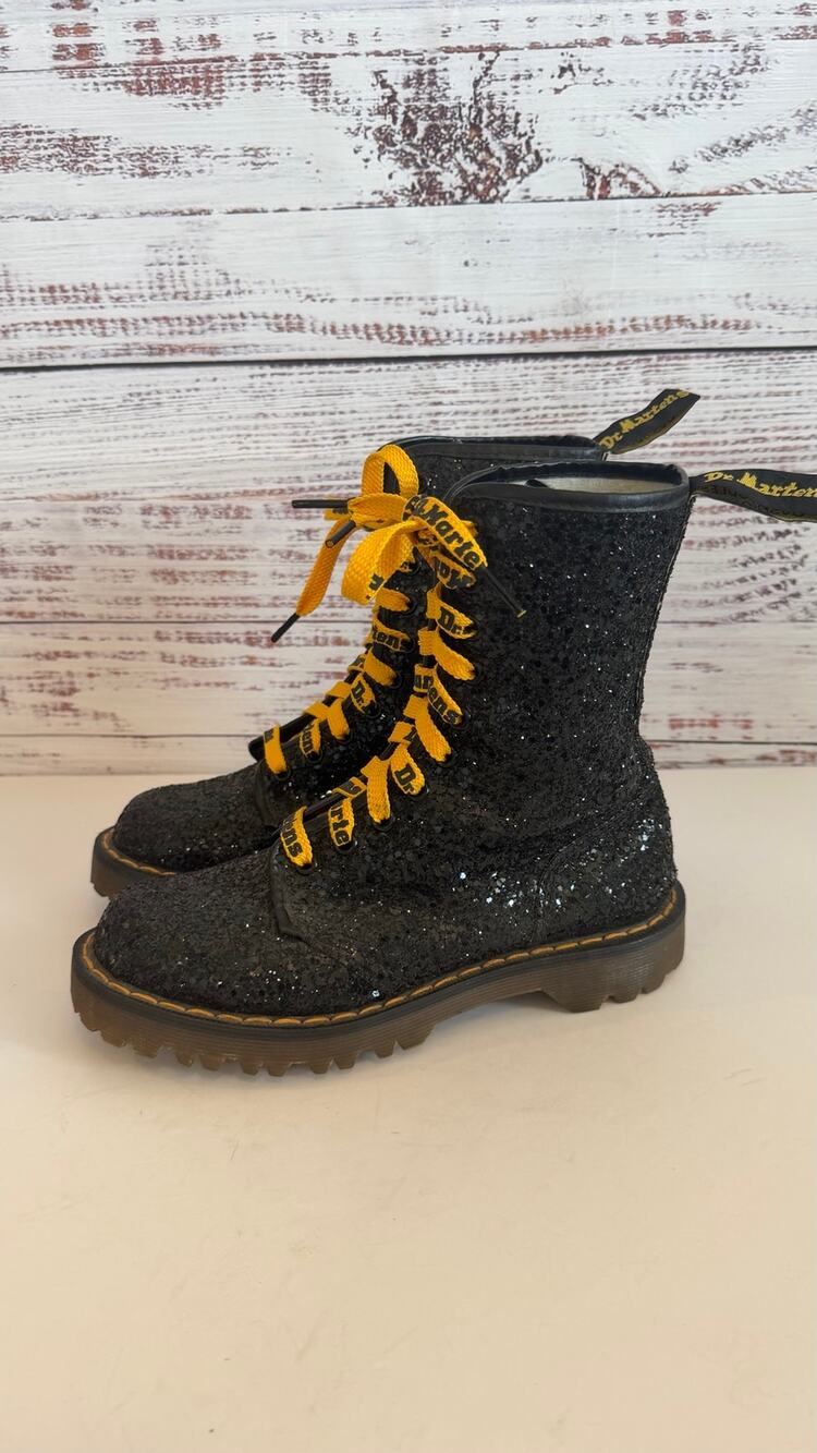 Dr. Martens Glitter Boots Mid Calf Combat Boots  Logo Print Laces Lug Sole